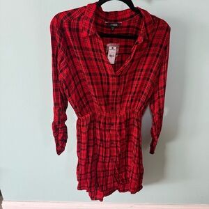 NWT Express Red Buffalo Check Drawstring Plaid Waist Dress Long Sleeve Medium